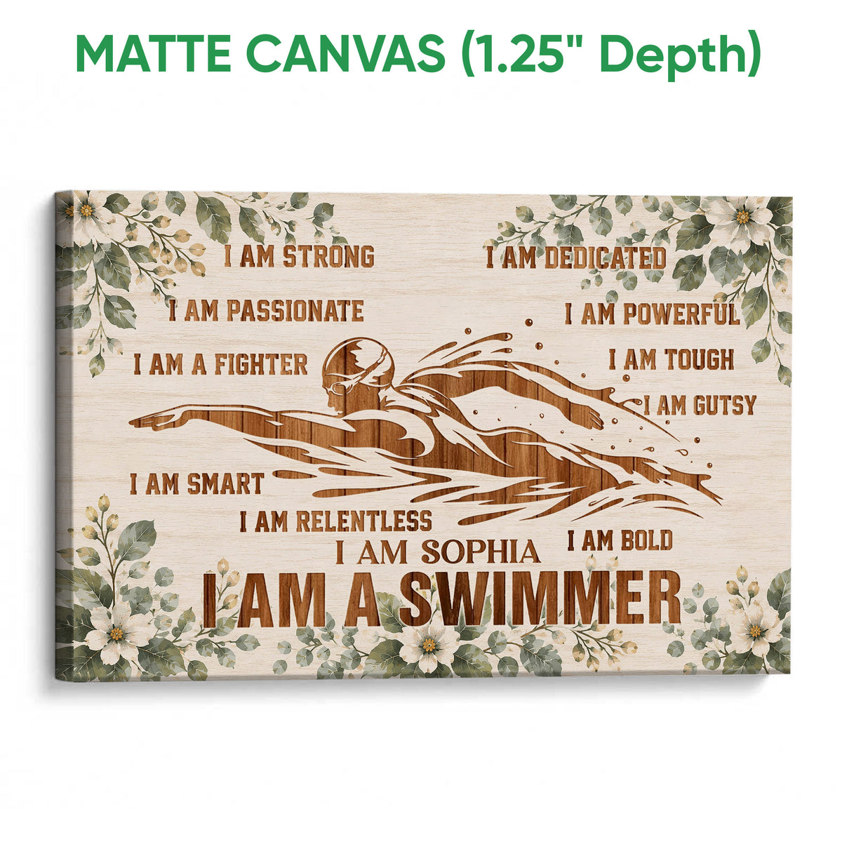Matte canvas swimming wall art featuring a swimmer silhouette and muted floral border