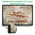Black framed canvas swimming wall art with a swimmer silhouette and floral motivational design