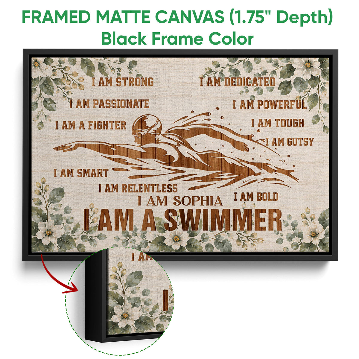 Black framed canvas swimming wall art with a swimmer silhouette and floral motivational design