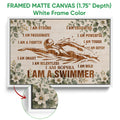 White framed canvas swimming wall art with a swimmer silhouette and botanical border