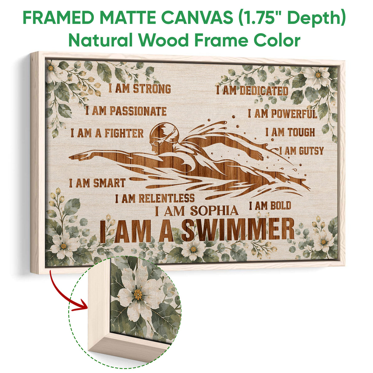 Natural wood framed swimming wall art with a swimmer silhouette and soft floral details
