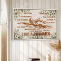 Swimming wall art displayed in a bright room with white wood paneling and natural decor