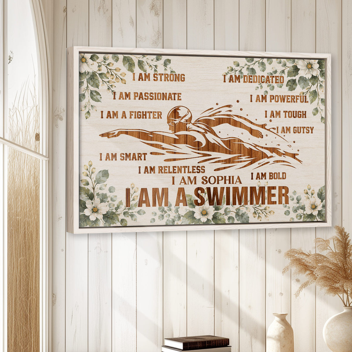 Swimming wall art displayed in a bright room with white wood paneling and natural decor