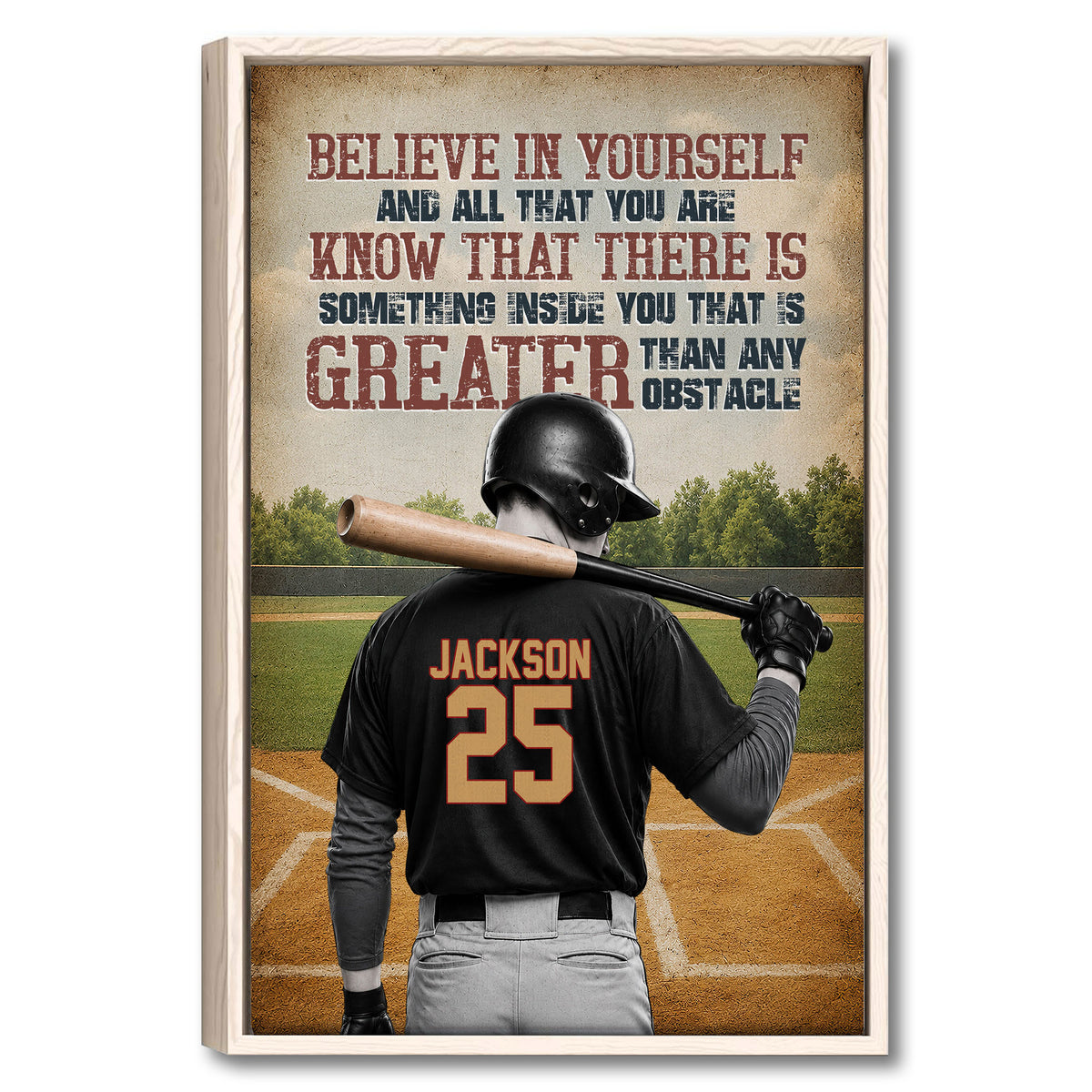 Framed baseball wall art featuring a batter from behind on a field with a motivational message