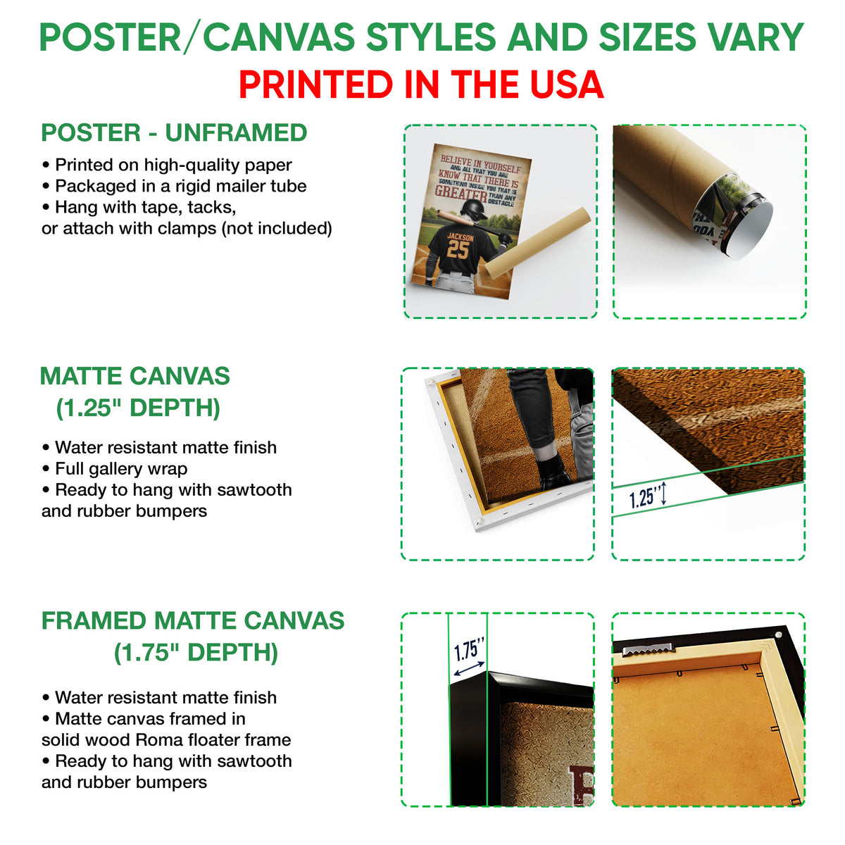 Poster and canvas wall art options showing baseball artwork with unframed, canvas, and framed formats