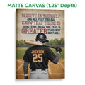 Matte canvas baseball wall art featuring a batter on a field with bold red, navy, and tan tones