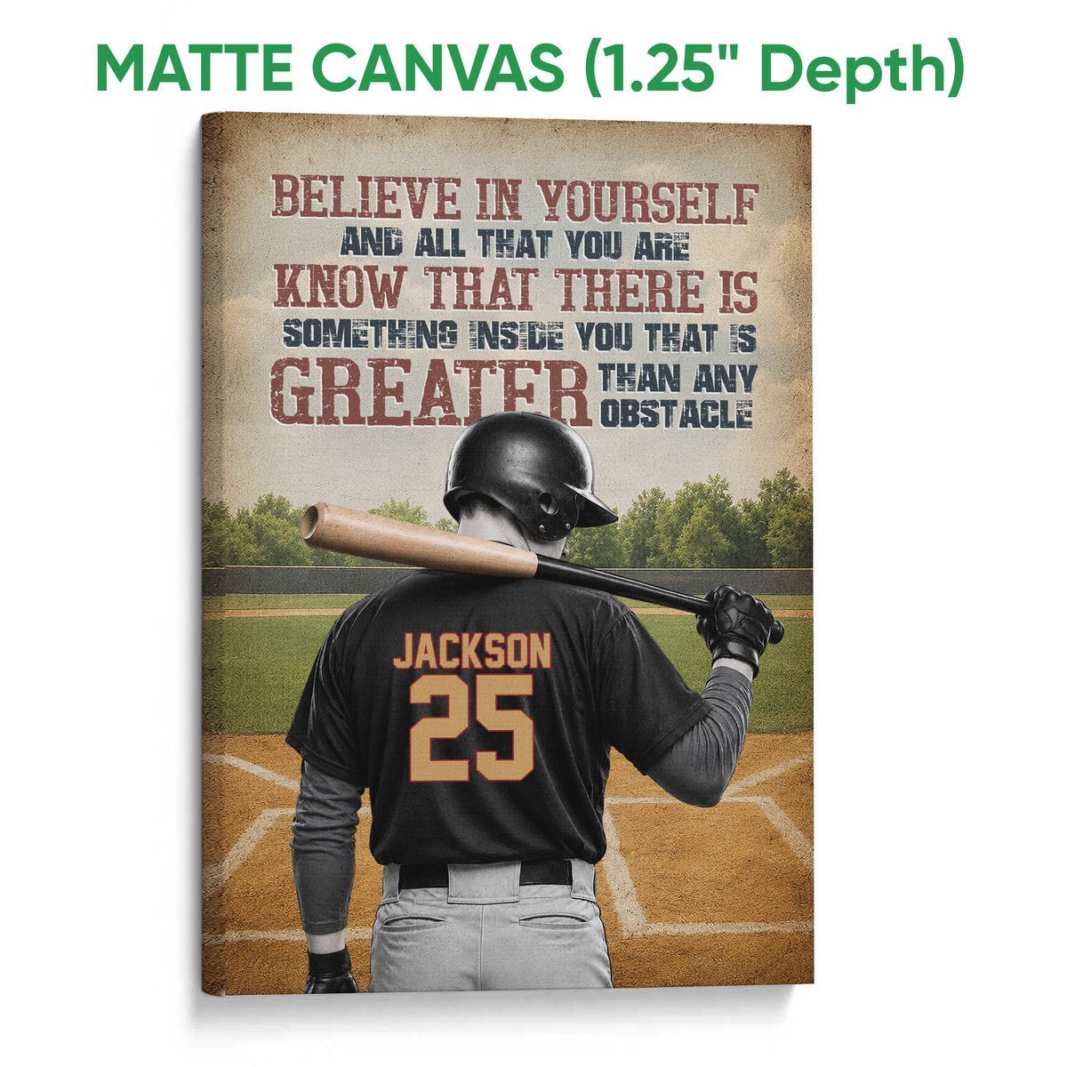 Matte canvas baseball wall art featuring a batter on a field with bold red, navy, and tan tones