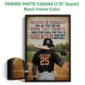Black framed canvas baseball wall art with a batter, field scene, and motivational sports design