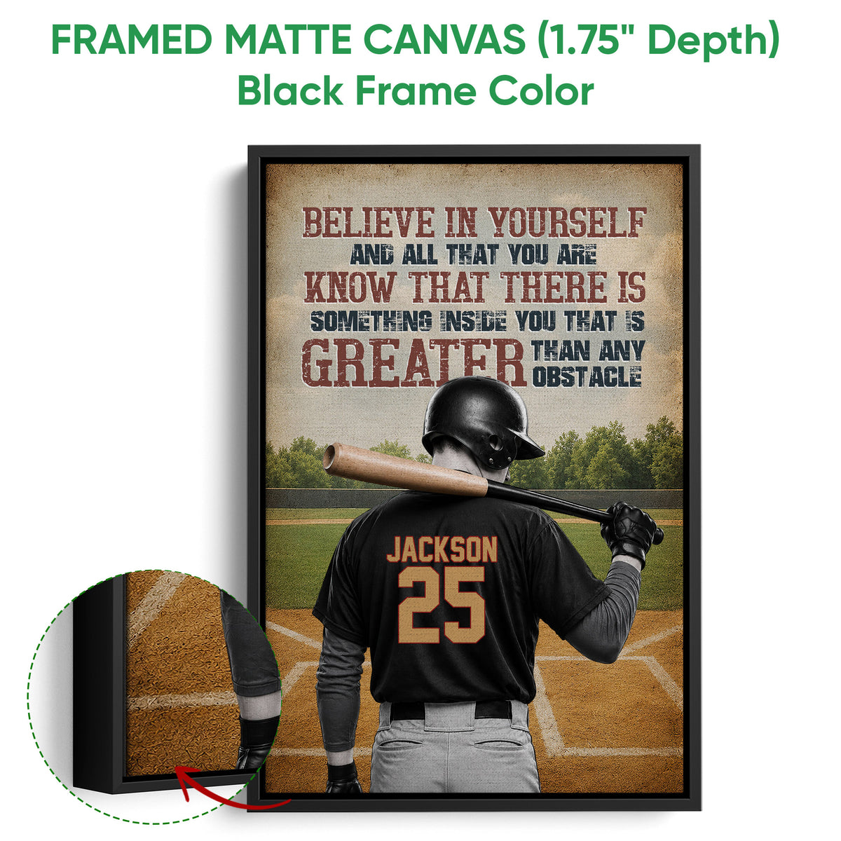 Black framed canvas baseball wall art with a batter, field scene, and motivational sports design