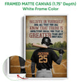 White framed canvas baseball wall art featuring a batter and inspirational message over a ballfield