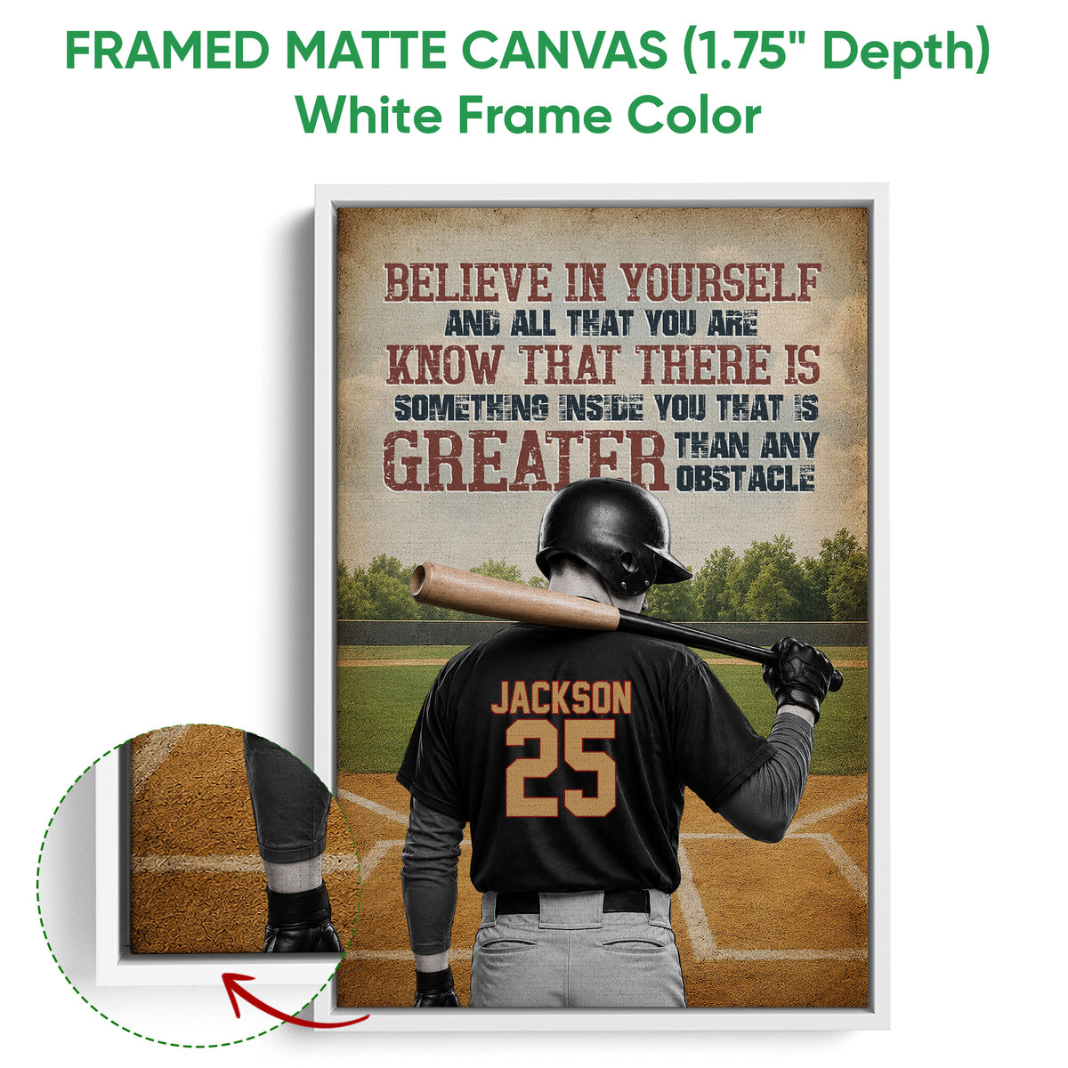 White framed canvas baseball wall art featuring a batter and inspirational message over a ballfield