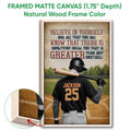 Natural wood framed baseball wall art with a batter, baseball field, and vintage-inspired colors