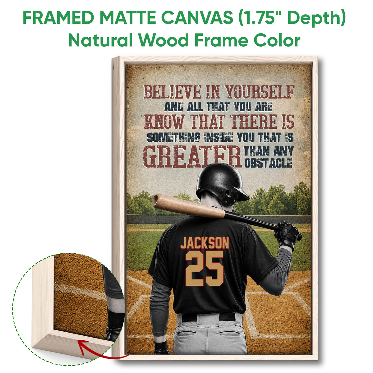 Natural wood framed baseball wall art with a batter, baseball field, and vintage-inspired colors