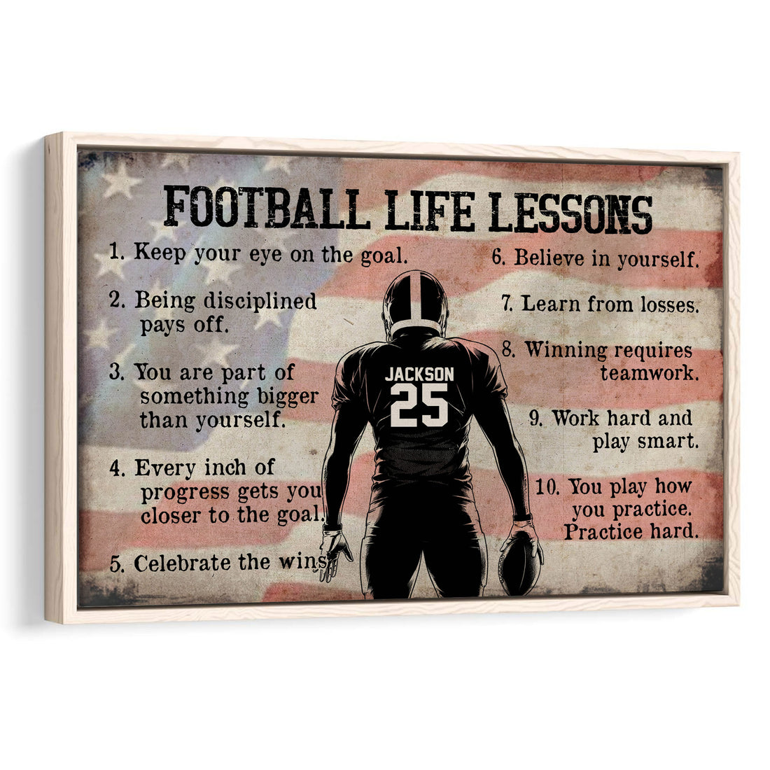 Framed football wall art featuring a player silhouette, motivational lessons, and a vintage patriotic background