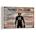 Framed football wall art featuring a player silhouette, motivational lessons, and a vintage patriotic background