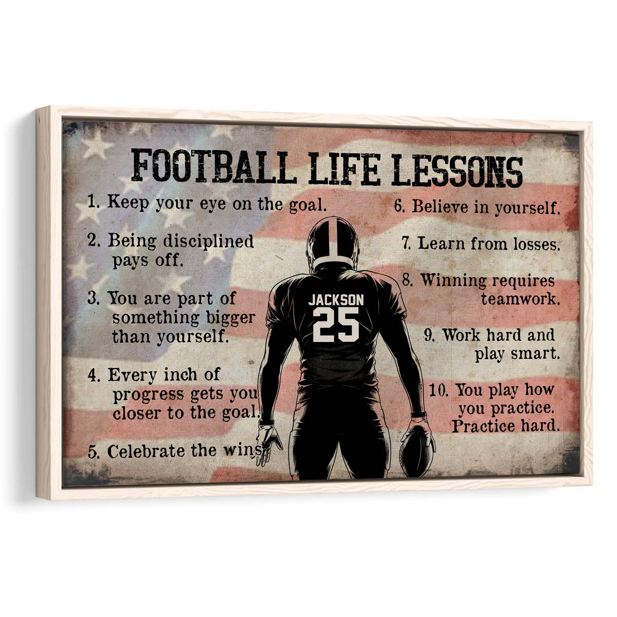 Framed football wall art featuring a player silhouette, motivational lessons, and a vintage patriotic background