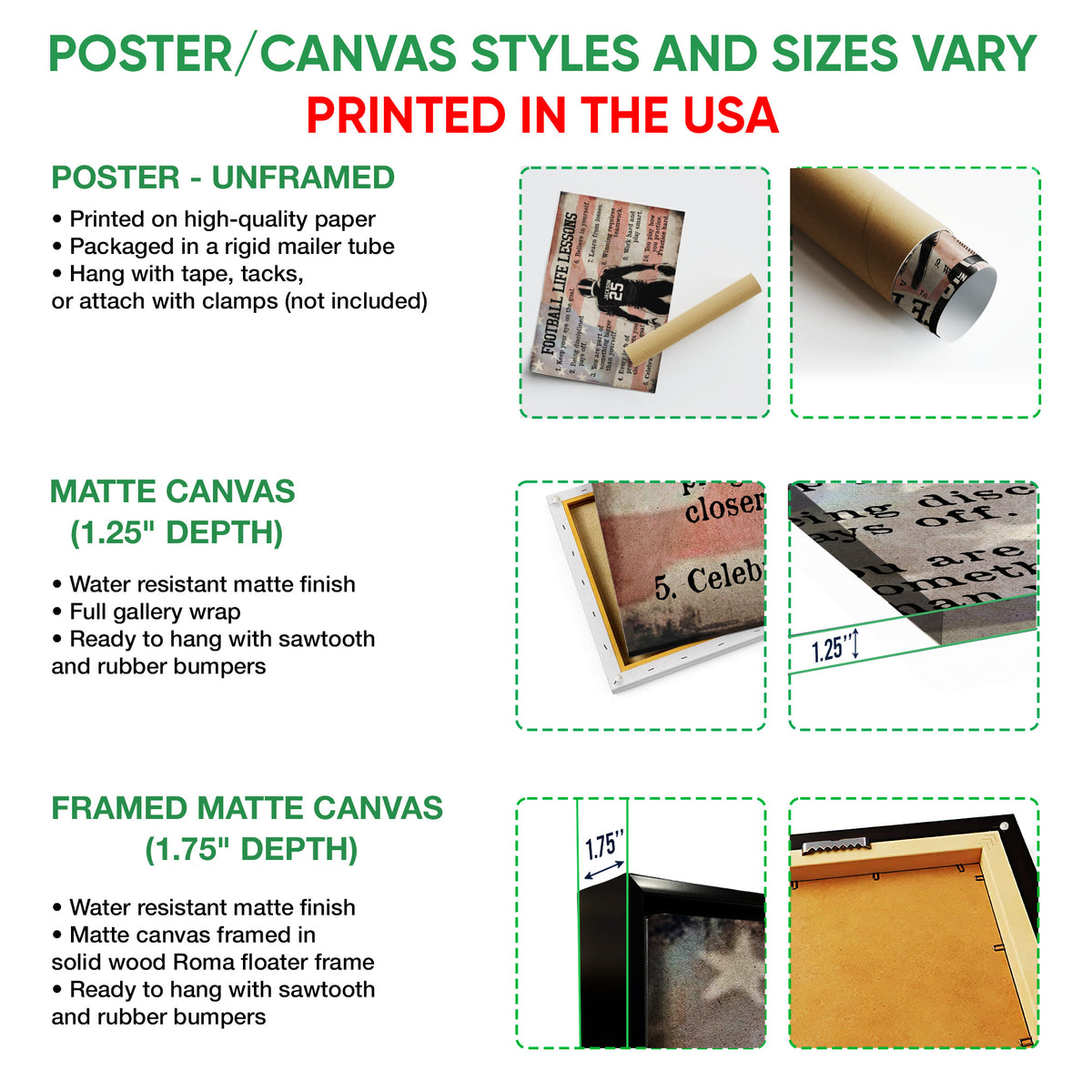 Poster and canvas wall art options guide showing football artwork in unframed, canvas, and framed formats