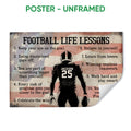 Unframed football poster with a player holding a ball, motivational lessons, and a distressed patriotic background