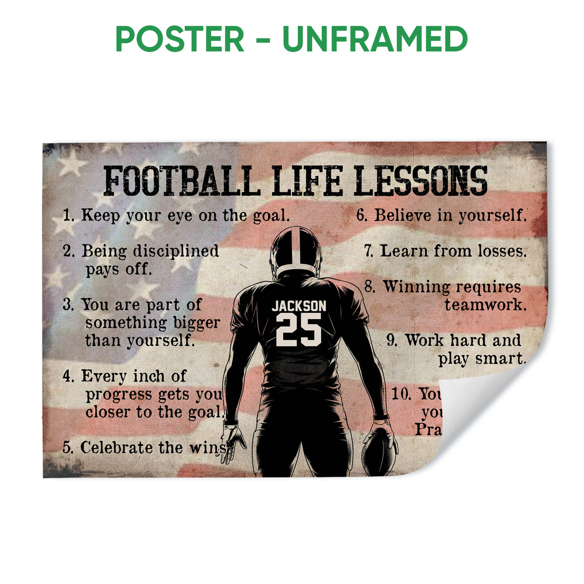 Unframed football poster with a player holding a ball, motivational lessons, and a distressed patriotic background