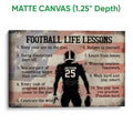 Matte canvas football wall art showing a uniformed player, motivational lessons, and a vintage red and blue design