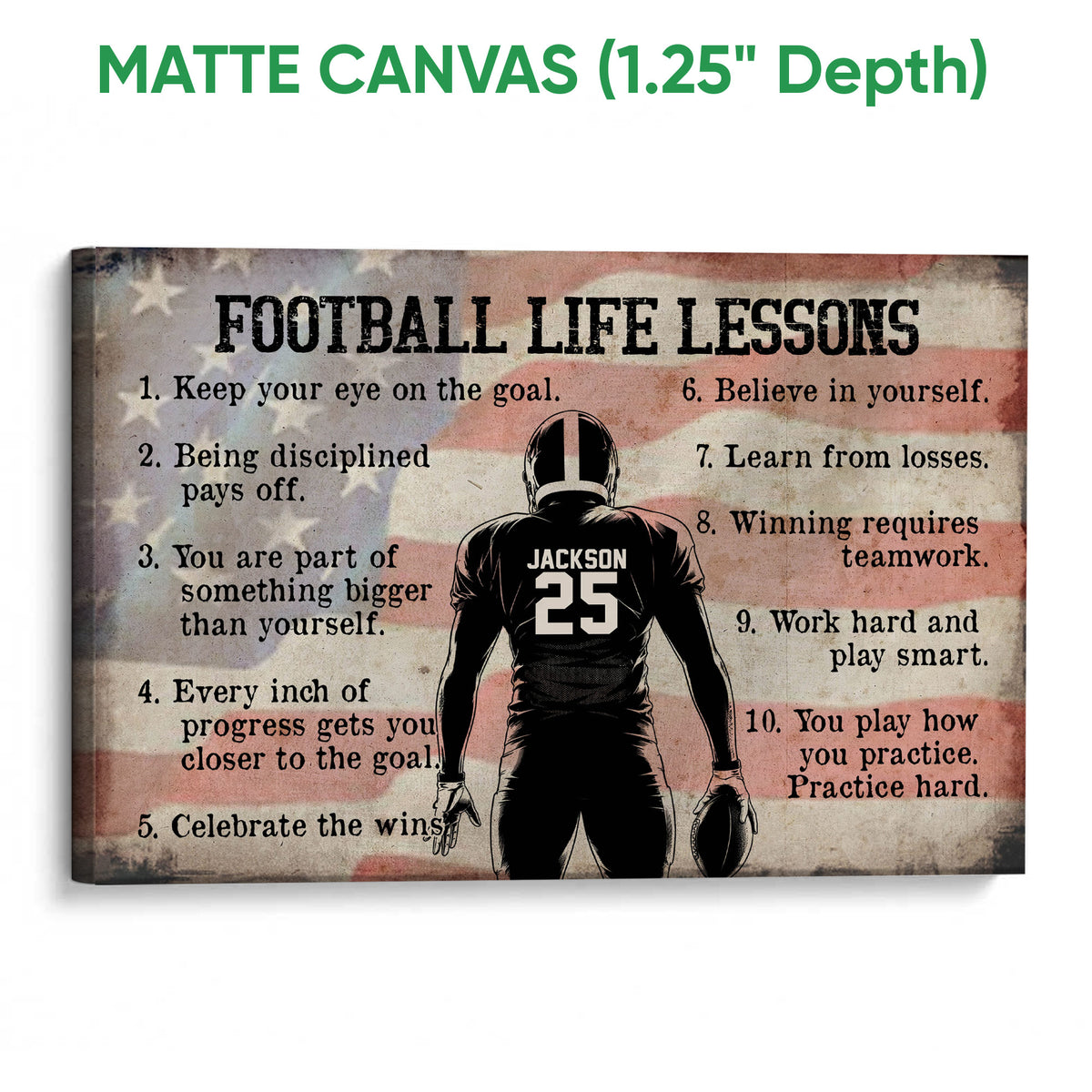 Matte canvas football wall art showing a uniformed player, motivational lessons, and a vintage red and blue design