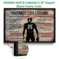 Football life lessons wall art shown in a black framed canvas with a close-up frame detail