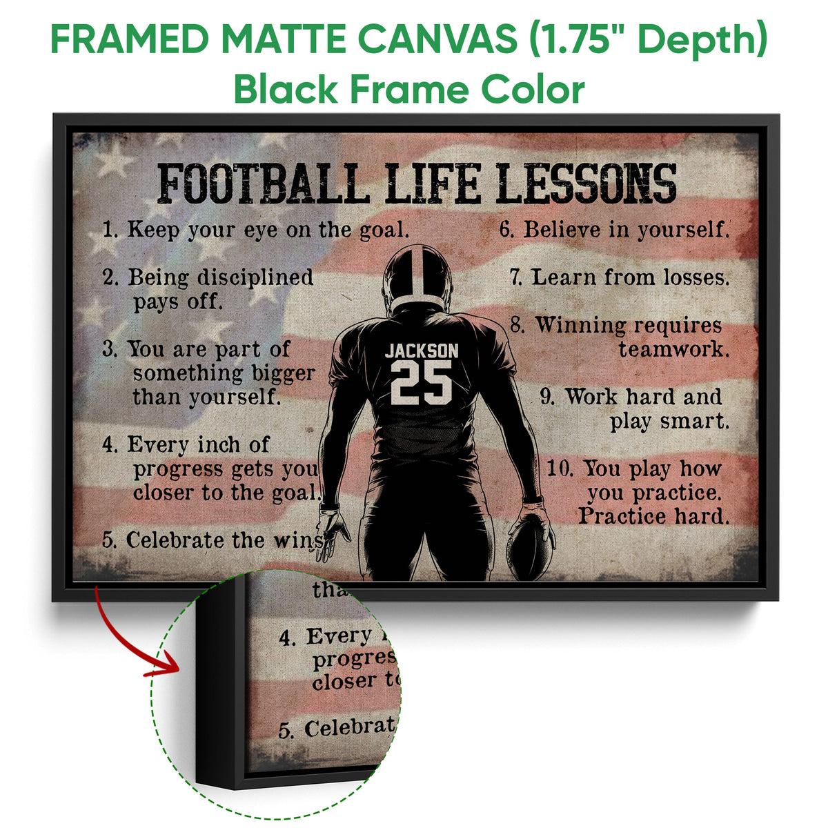Football life lessons wall art shown in a black framed canvas with a close-up frame detail