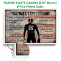 Football motivational wall art shown in a white framed canvas with a close-up view of the frame and artwork