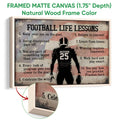 Football life lessons wall art in a natural wood framed canvas with a close-up of the frame edge