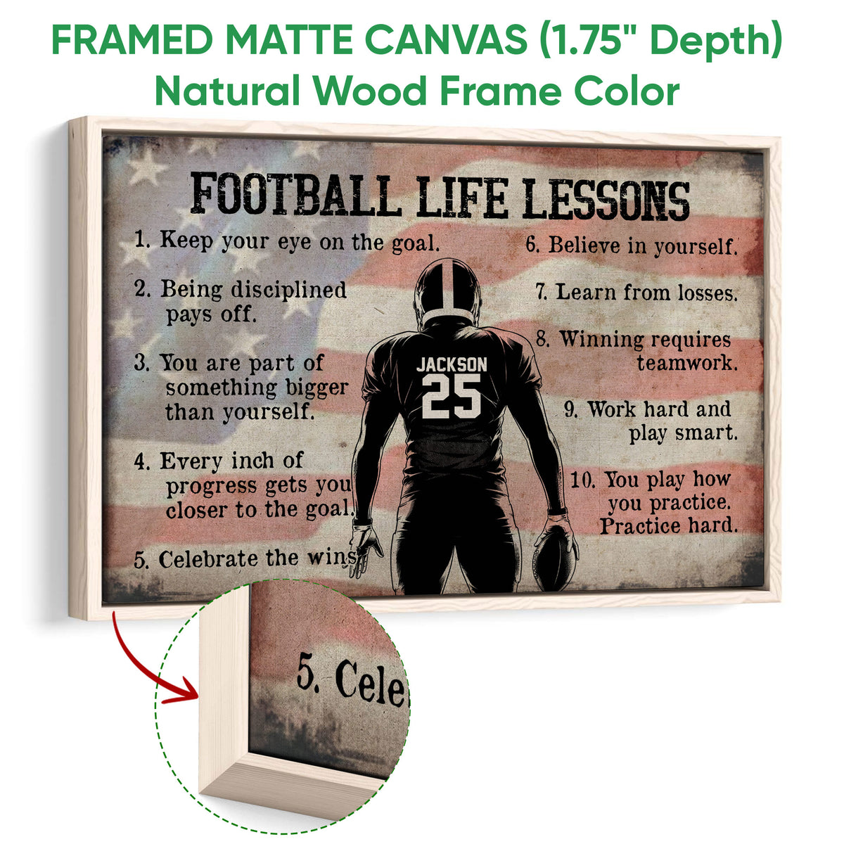 Football life lessons wall art in a natural wood framed canvas with a close-up of the frame edge