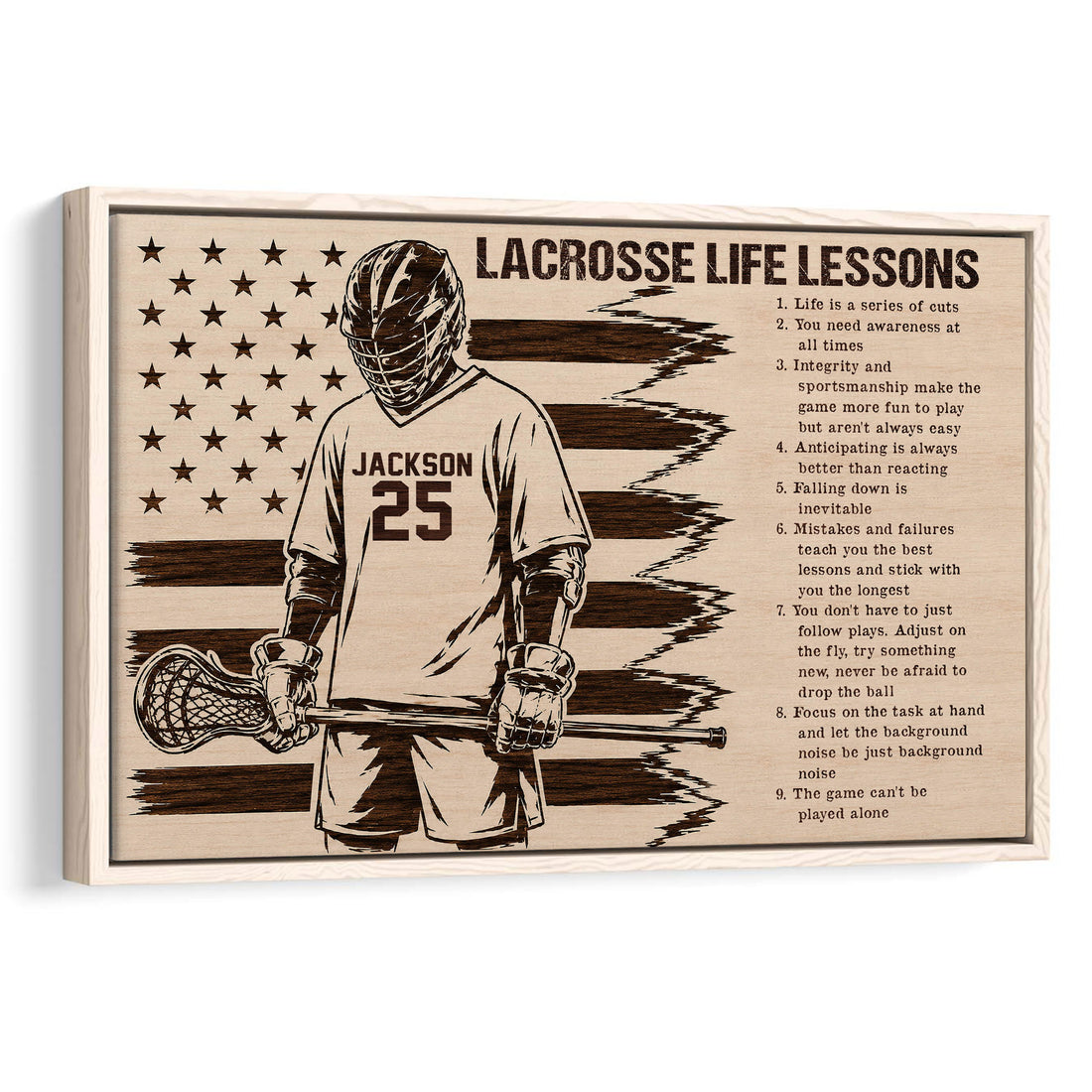 Framed lacrosse wall art with a helmeted player, lacrosse stick, stars, and motivational lessons
