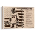 Framed lacrosse wall art with a helmeted player, lacrosse stick, stars, and motivational lessons