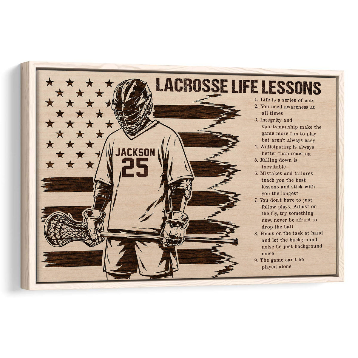 Framed lacrosse wall art with a helmeted player, lacrosse stick, stars, and motivational lessons