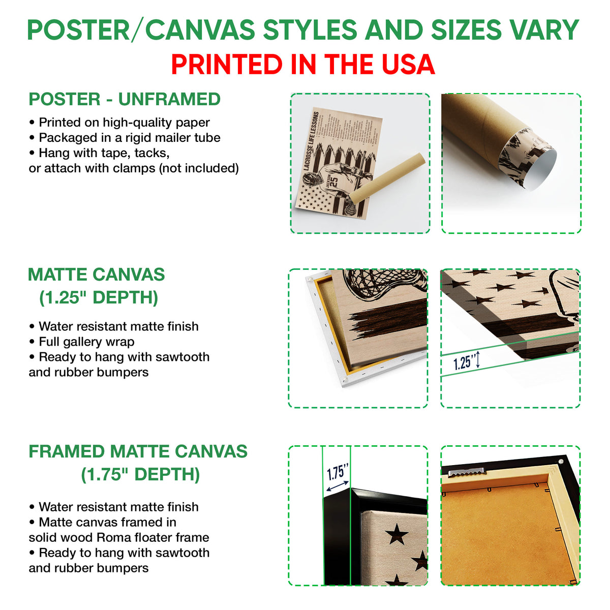 Poster and canvas wall art options guide showing unframed poster, canvas, and framed canvas formats