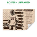 Unframed lacrosse poster featuring a helmeted player, lacrosse stick, stars, and motivational lessons