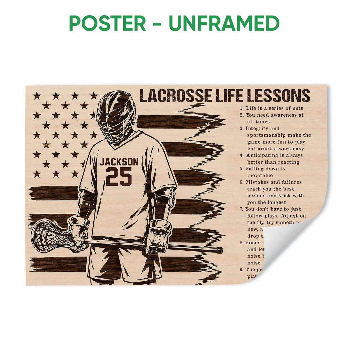 Unframed lacrosse poster featuring a helmeted player, lacrosse stick, stars, and motivational lessons