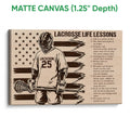 Matte canvas lacrosse wall art featuring a player, lacrosse stick, woodgrain accents, and lesson text