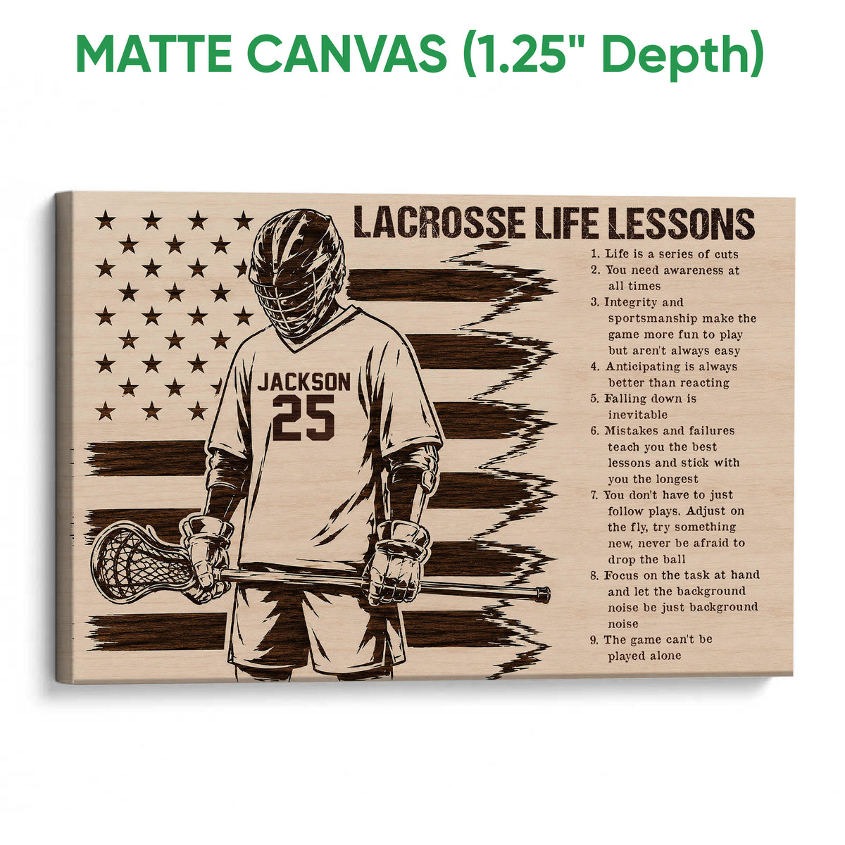 Matte canvas lacrosse wall art featuring a player, lacrosse stick, woodgrain accents, and lesson text