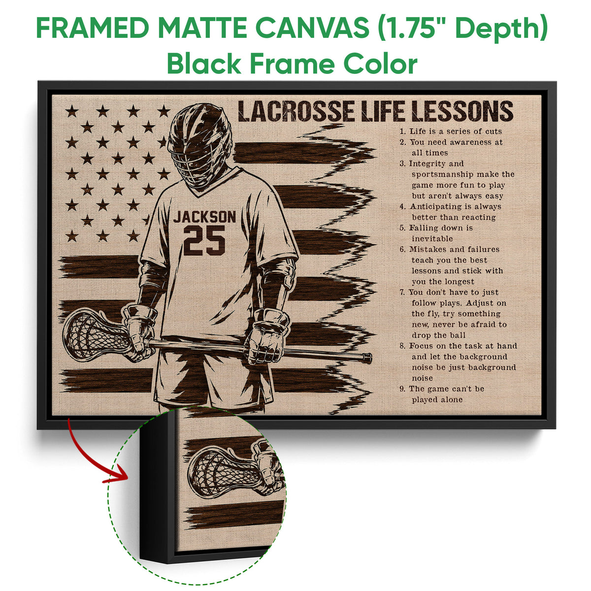 Lacrosse wall art shown in a black framed canvas with a player, stick, stars, and dark woodgrain accents