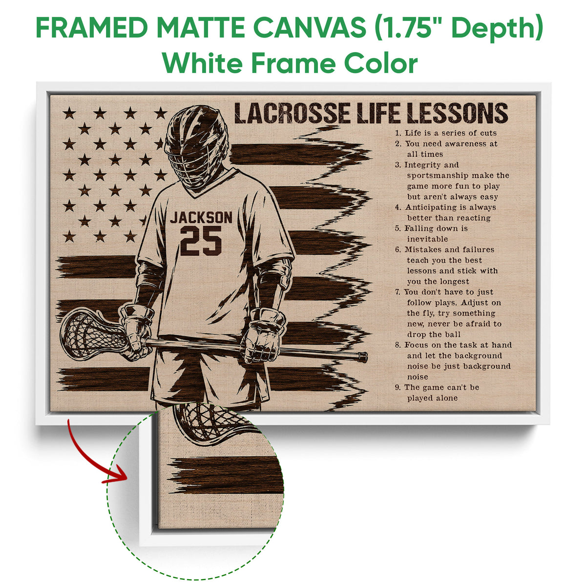 Lacrosse wall art shown in a white framed canvas with a helmeted player and motivational lesson design