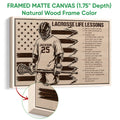 Lacrosse wall art shown in a natural wood framed canvas with a player, stick, and rustic woodgrain design