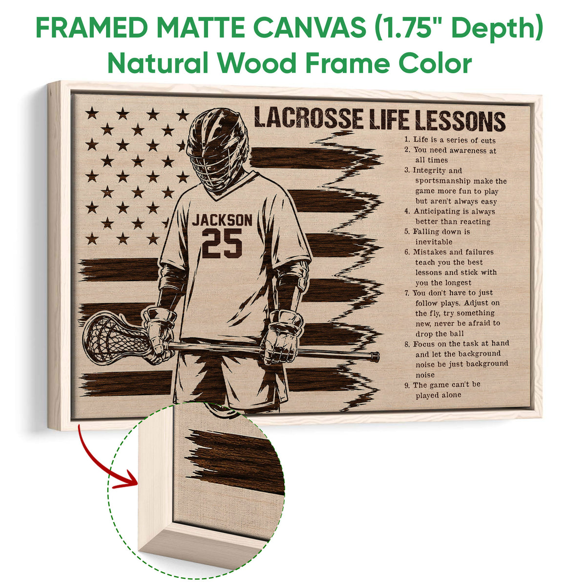 Lacrosse wall art shown in a natural wood framed canvas with a player, stick, and rustic woodgrain design