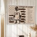 Framed lacrosse wall art displayed on a light wood-paneled wall in a bright home setting