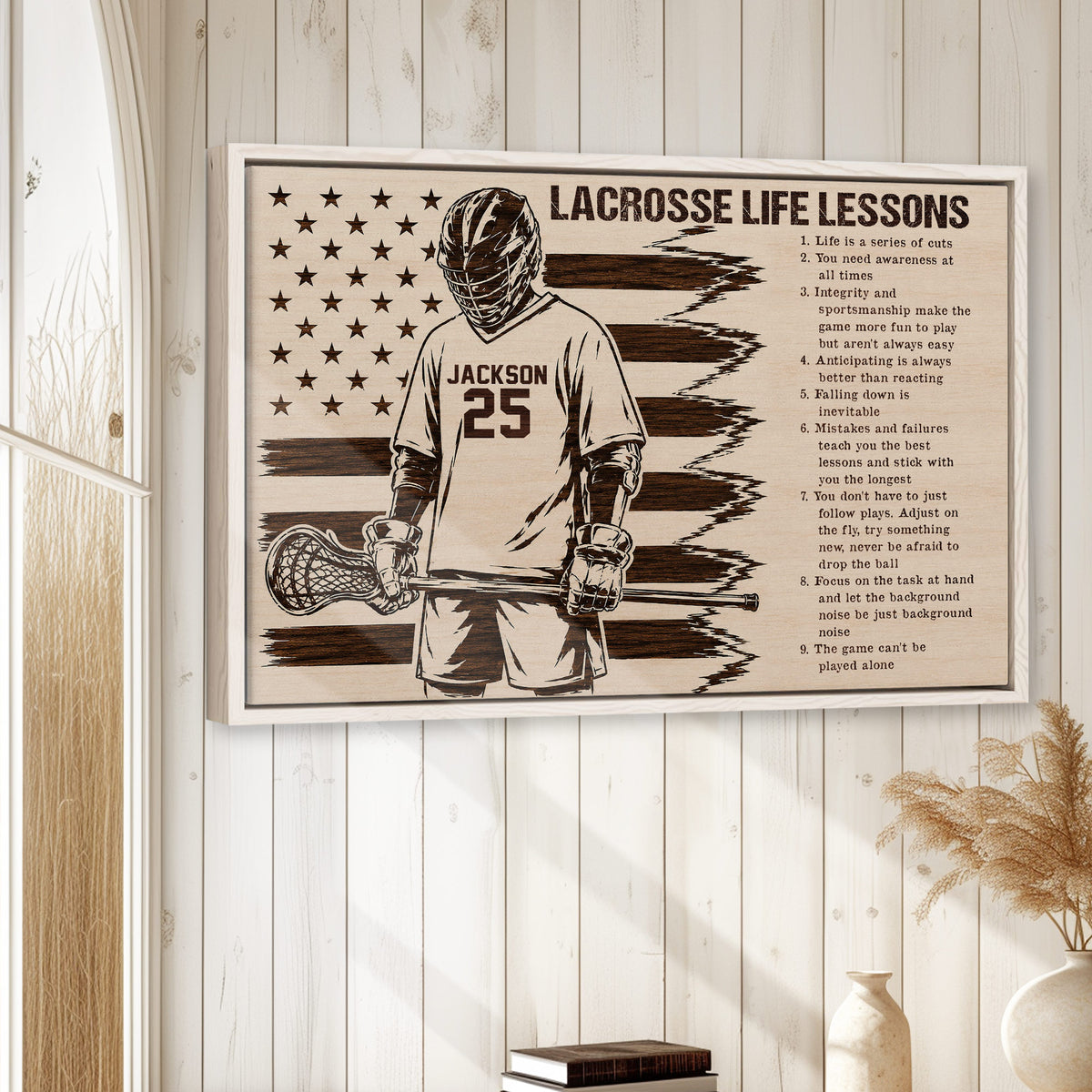 Framed lacrosse wall art displayed on a light wood-paneled wall in a bright home setting