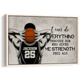 Framed basketball wall art with an illustrated player holding an orange ball and inspirational scripture design