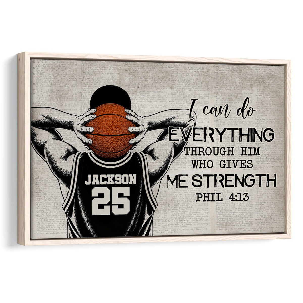 Framed basketball wall art with an illustrated player holding an orange ball and inspirational scripture design