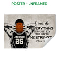 Unframed basketball poster featuring an illustrated player holding a ball with bold motivational scripture