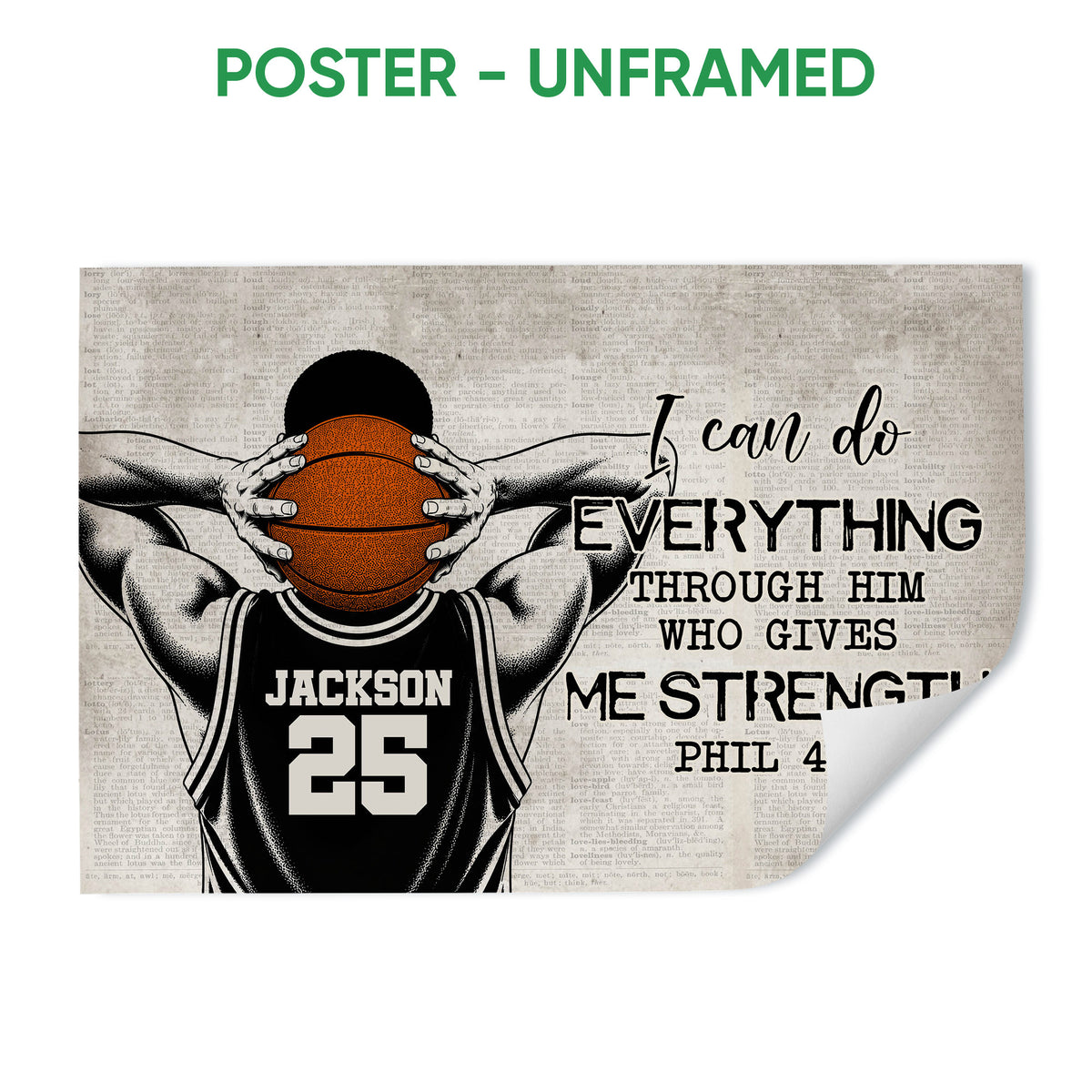 Unframed basketball poster featuring an illustrated player holding a ball with bold motivational scripture