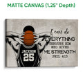 Matte canvas basketball wall art with an illustrated player, orange basketball, and vintage text background