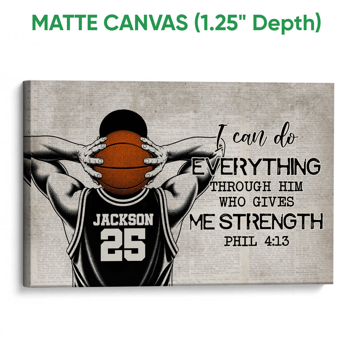 Matte canvas basketball wall art with an illustrated player, orange basketball, and vintage text background